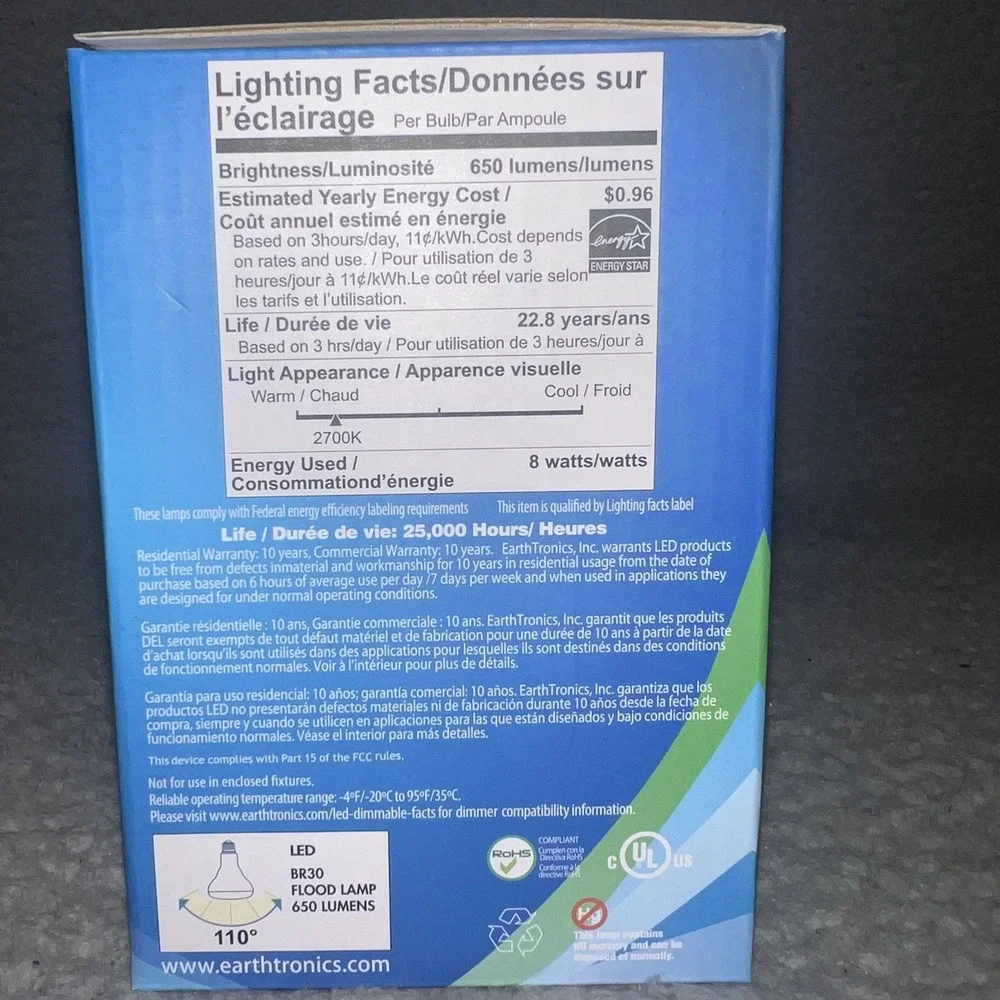 NIB (7) EarthBulb 65W Soft White BR30 8 Watts Dimmable LED Lightbulb‎ 25k Hrs